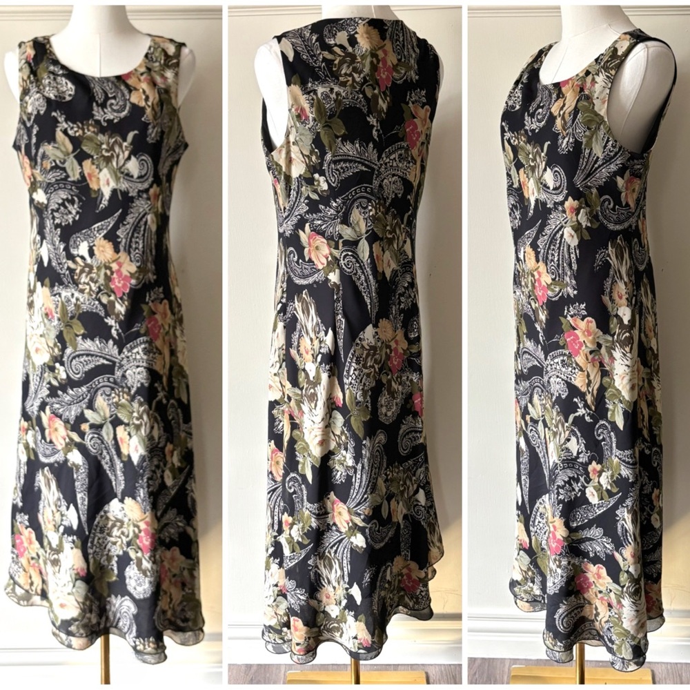 Vintage 90s Made in Canada Black‎ Asymmetrical Ruffle Hem Paisley Floral Dress